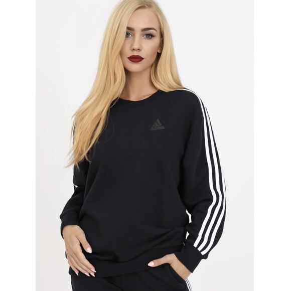 RARE Adidas Black 3-Stripe Fleece Crew Neck Long Sleeve Sweater Rib Cuffs Medium - Picture 13 of 13